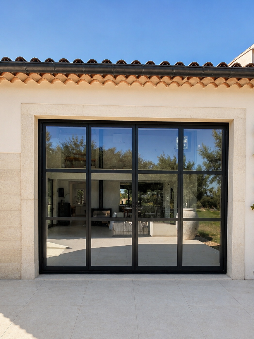 Pose d’une baie vitrée coulissante accordéon en aluminium 4 vantaux sur mesure à Chateauneuf de Gadagne avec traverses intermédiaires et ouverture extérieure
