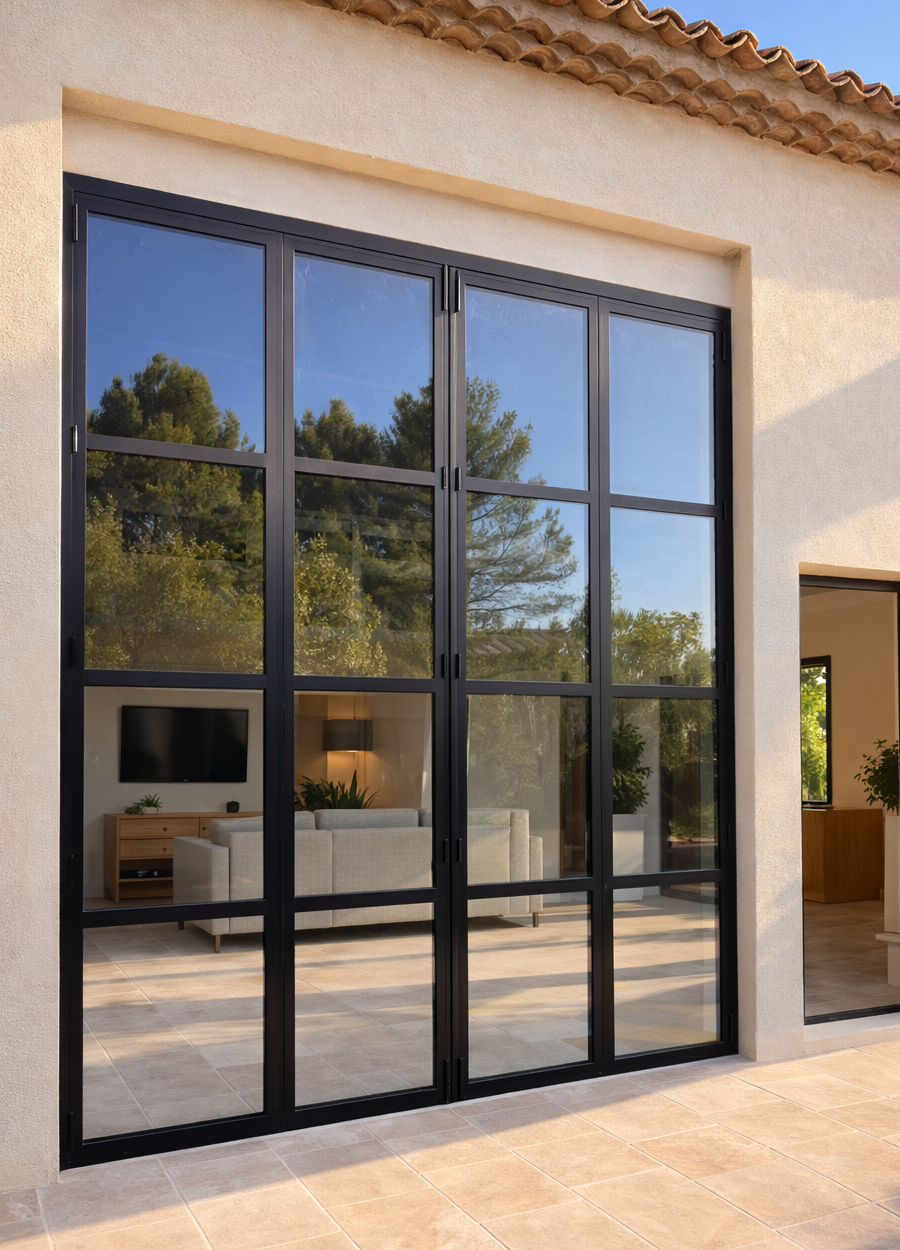 Pose d’une baie vitrée coulissante accordéon en aluminium 4 vantaux à Sorgues avec ouverture XXL et double vitrage feuilleté